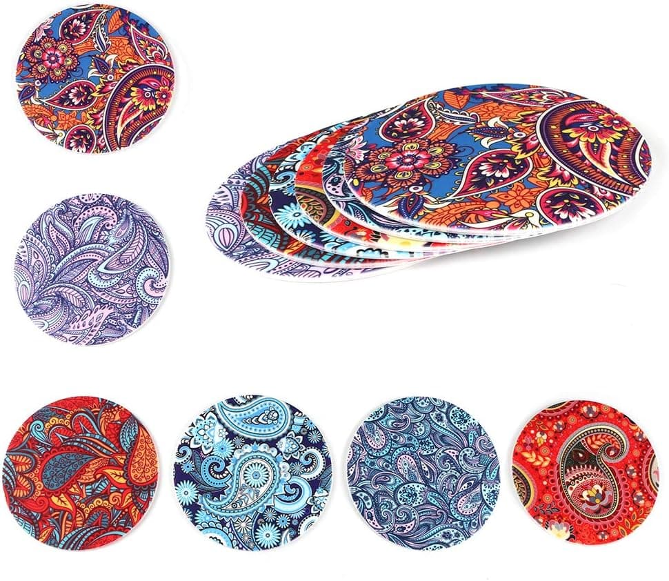 Coasters for Drinks | Silicone Drink Coaster Set of 6 - DATYSON Decorative Paisley Cup Mats No Holder as Home Decor, Large 5 Inch Size Fit Big Mugs and Beer Glasses, House Warming Gifts for Women Men
