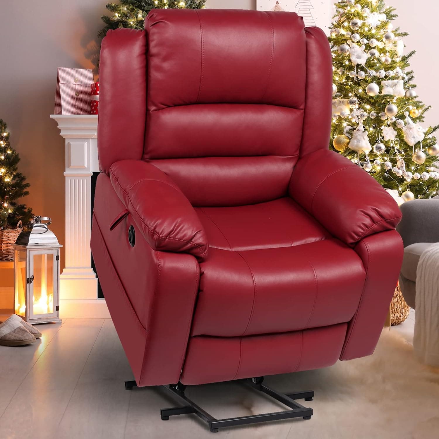 CDCASA Electric Power Lift Recliner Chair with Massage and Heat for Elderly, Faux Leather Reclining Chairs for Seniors, 3 Positions, Side Pocket, USB Port, Matte Red