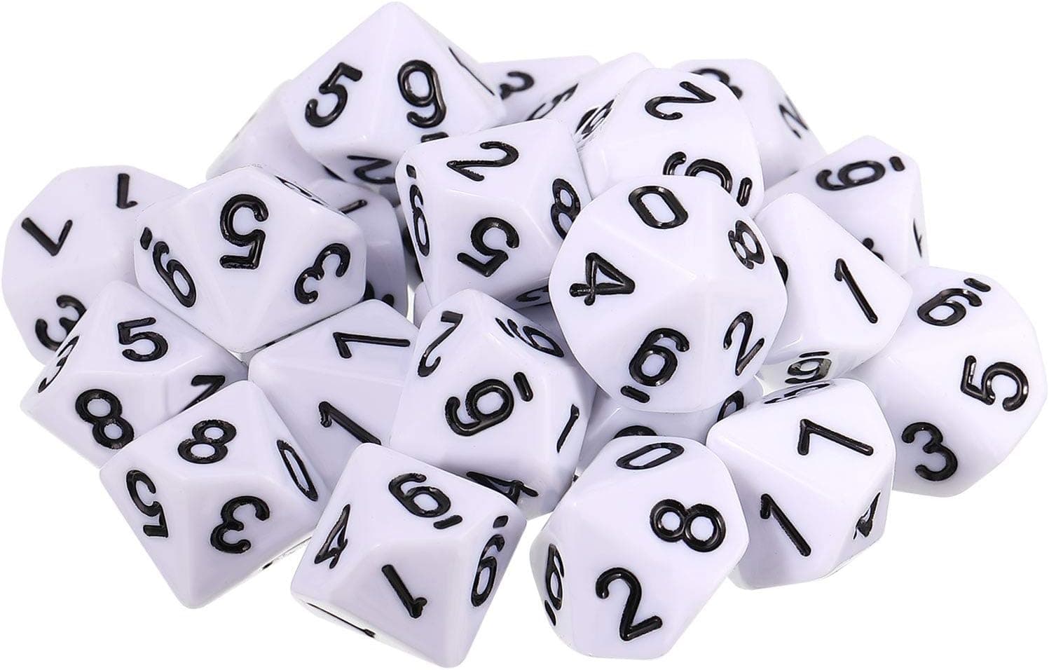 TecUnite 25 Pieces Polyhedral Dice Set with Black Pouch Compatible with DND RPG MTG and Other Table Games with Random Multi Colored Assortment (White with Black, 10 Sides)