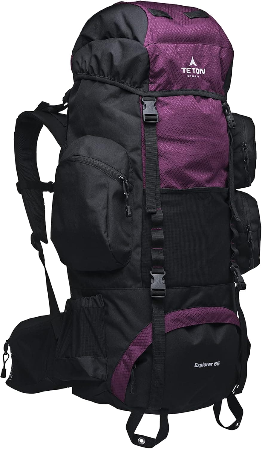 TETON Sports Explorer Backpack Full Internal Frame - Adjustable Backpacking Travel Gear - Water-Repellant Rainfly Cover, Sleeping Bag & 3-Liter Hydration Bladder Pack Storage - Huckleberry, 65L
