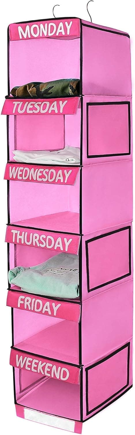 Boxy Hanging Closet Shelves Storage Weekly Clothes Organizer for Kids Children with Days of The Week (Pink)