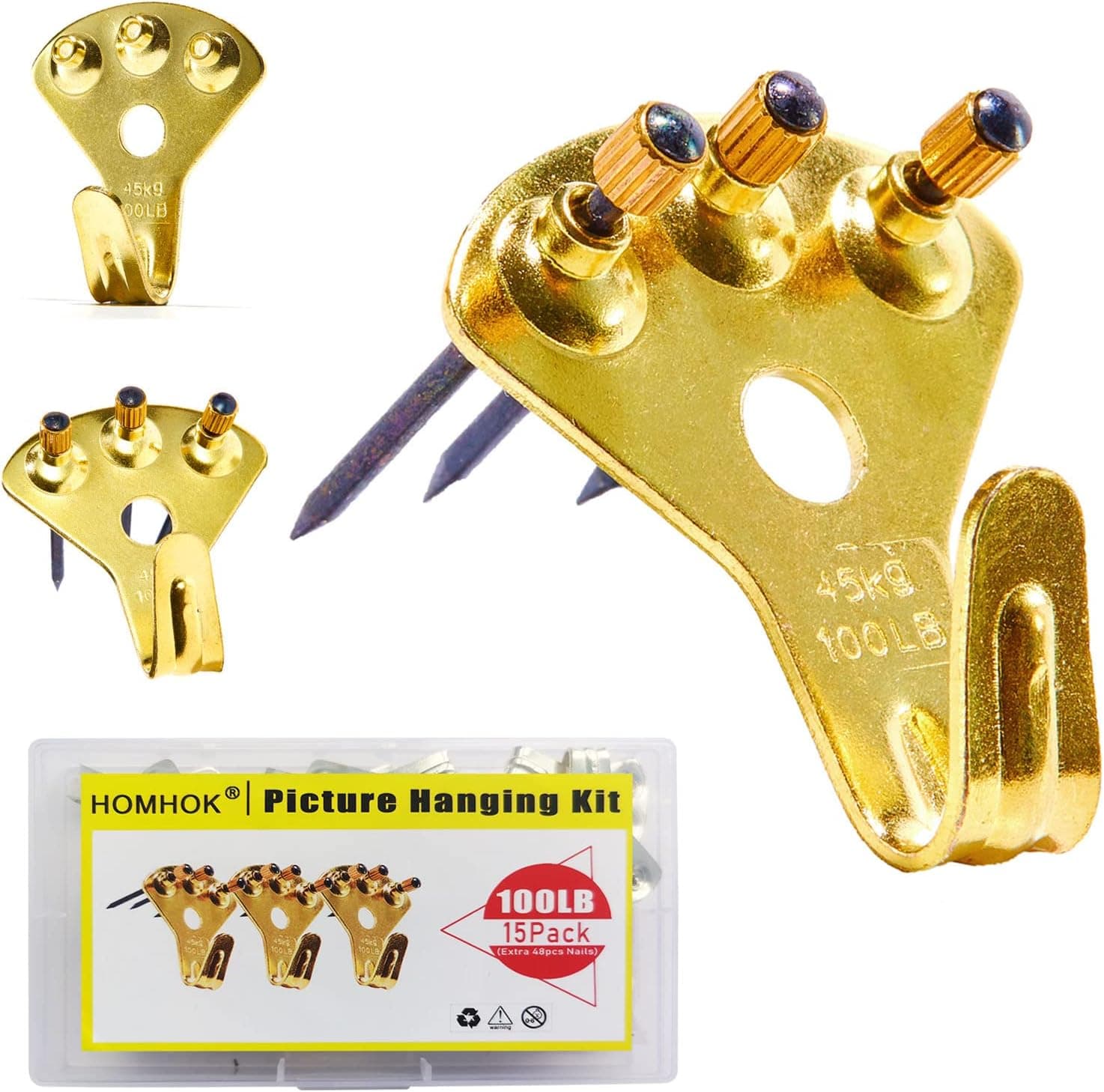 15Pack Heavy Duty Hardware Picture Hanger,Frame Hooks for Hanging with Nails,HOMHOK 63pcs Picture Hooks Kit for Canvas,Wooden,Drywall,Office Photo,kitchenware,Art,Mirror,Key,Painting(Gold)
