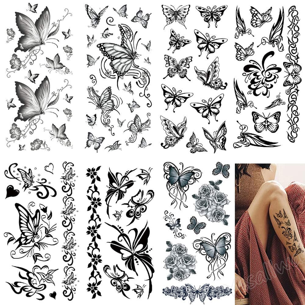 Black Butterfly Temporary Tattoos for Women Sexy 7 Pcs by Yesallwas,Waterproof long lasting Fake Tattoos Stickers for Arms Shoulders sexy body tattoos