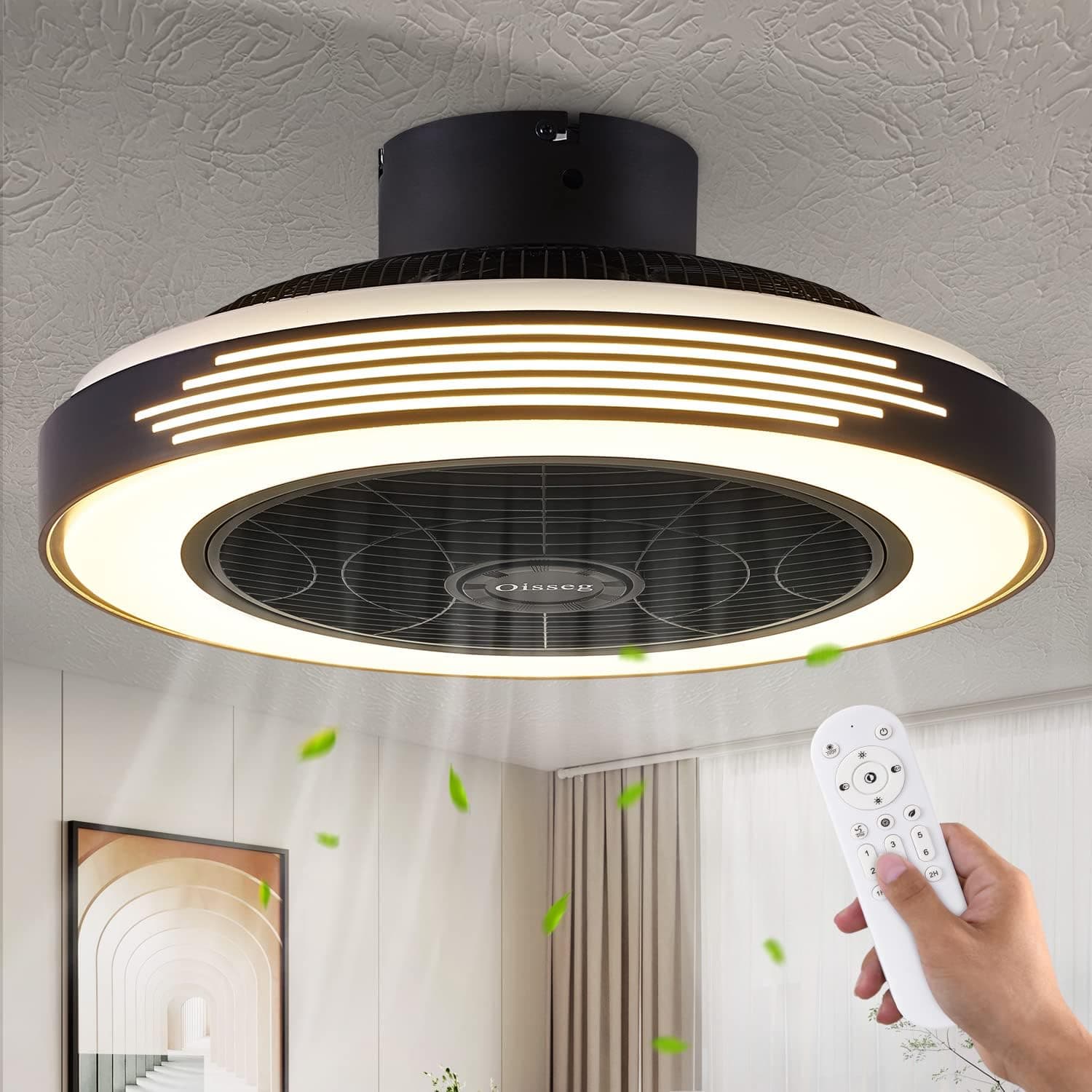 Oisseg Low Profile Ceiling Fan with Lights and Remote, 19" Bladeless Ceiling Fan with Light, 6 Speeds 3 Light Color Flush Mount Ceiling Fan for Kitchen Bedroom