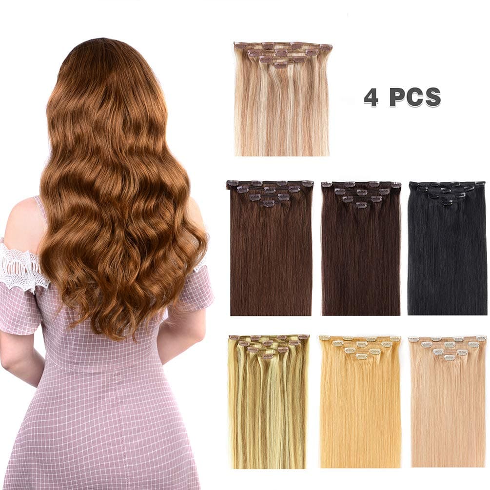 12" Human Hair Extensions Clip in Remy Hair for Women - Silky Straight Clip on Hair Extensions Human Hair 50grams 4pieces Chestnut Brown #8 Color