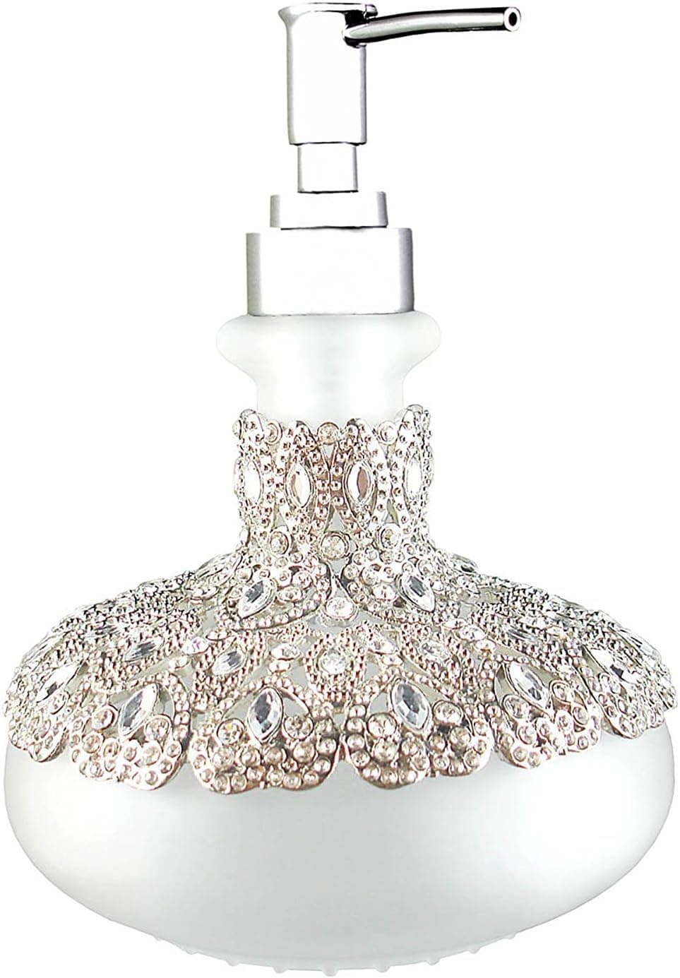 Silver Color Nickel Plated Design Soap Dispenser embellished with Crystals HO: 6.5" W/Diameter: 5"