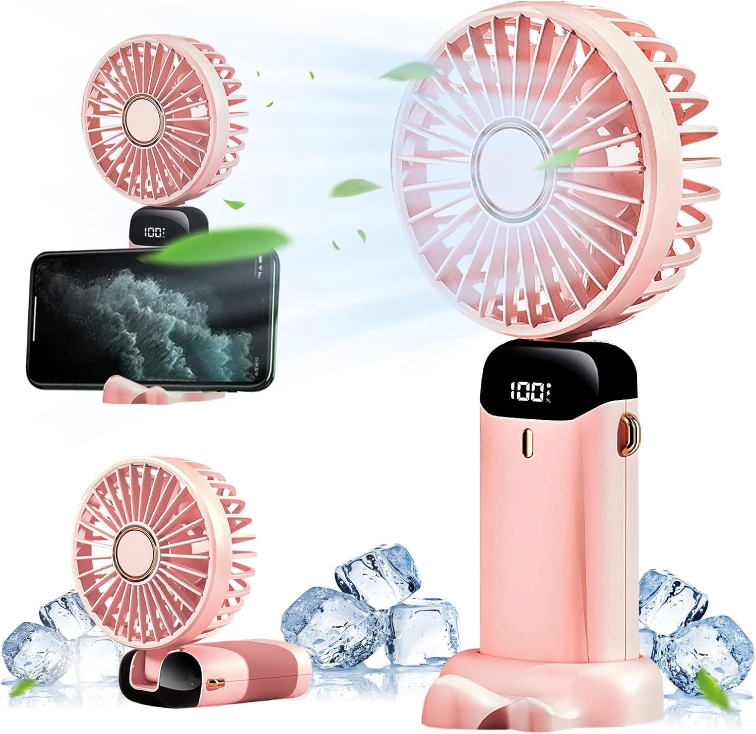 Portable Fan, Handheld Fan Personal Fan 5000mAh Rechargeable with 5 Speeds, Battery Operated Mini Fan with LED Display, 11-21Hs Desk Fan Working Time for Office Bedroom Outdoor Travel Camping-Pink