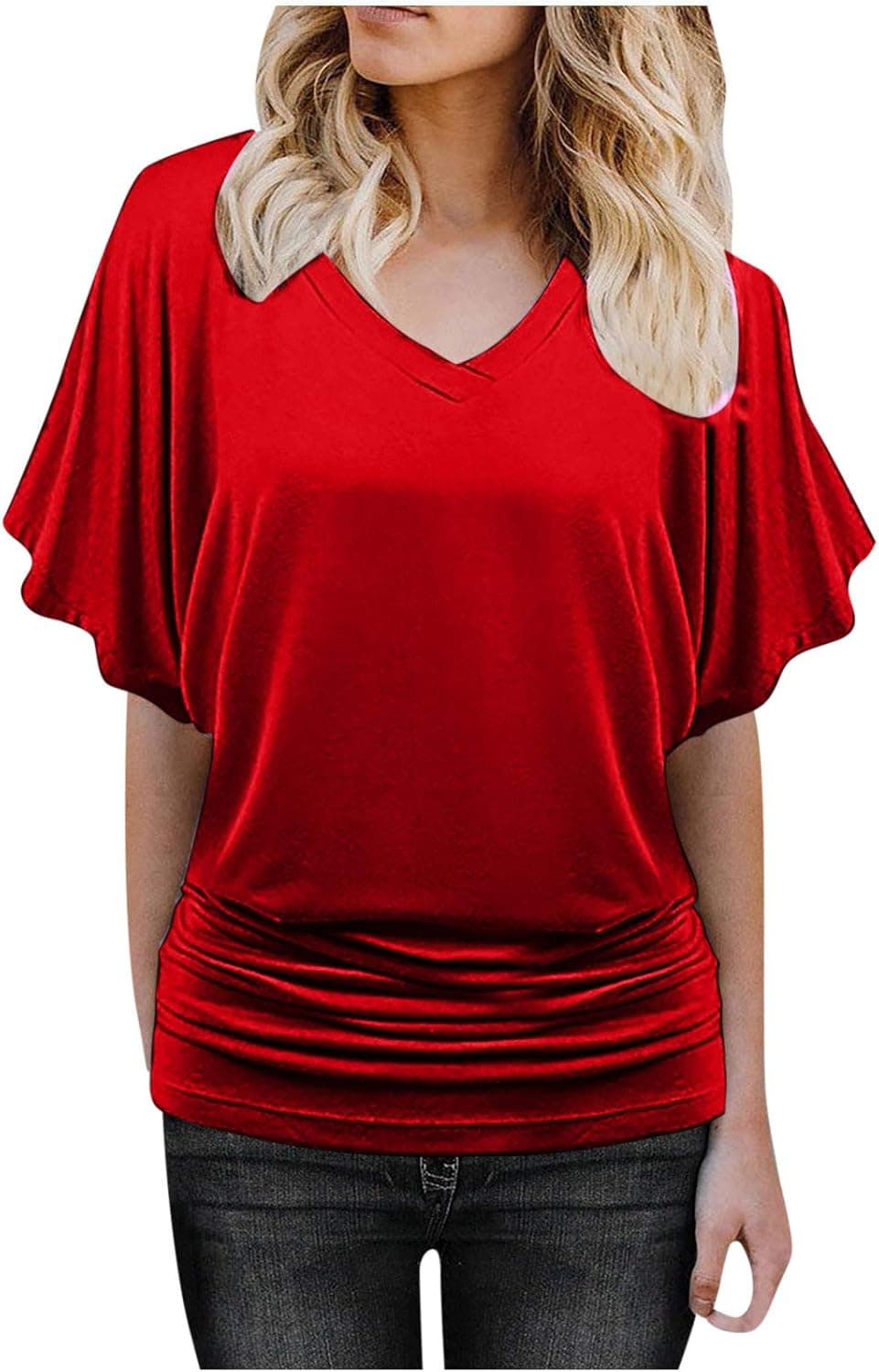 Women Blouse Tops Fashion Solid V-Neck T-Shirt Blouse Batwing Sleeve Tops Blouse Ladies Elegant Clothes