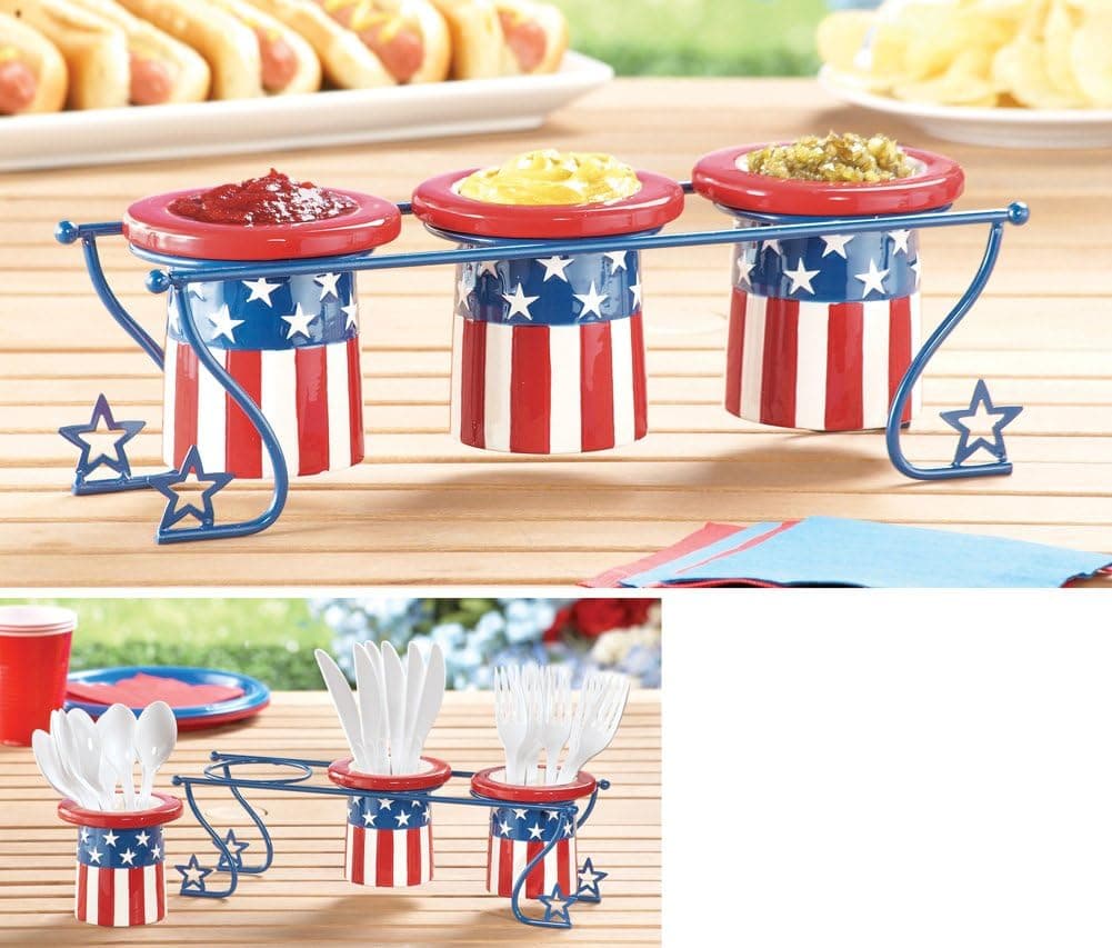 4th of July Celebration Party Uncle Sam Hat Shaped Condiment Containers and Utensil Holder Rack Set Patriotic Americana Stars Stripes Red White Blue Ceramic Kitchen Decor