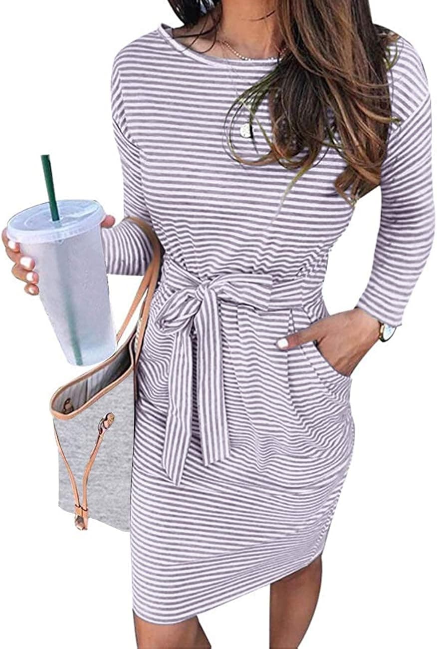 MEROKEETY Women's 2022 Fall Striped Long Sleeve T Shirt Dress Casual Tie Waist with Pockets