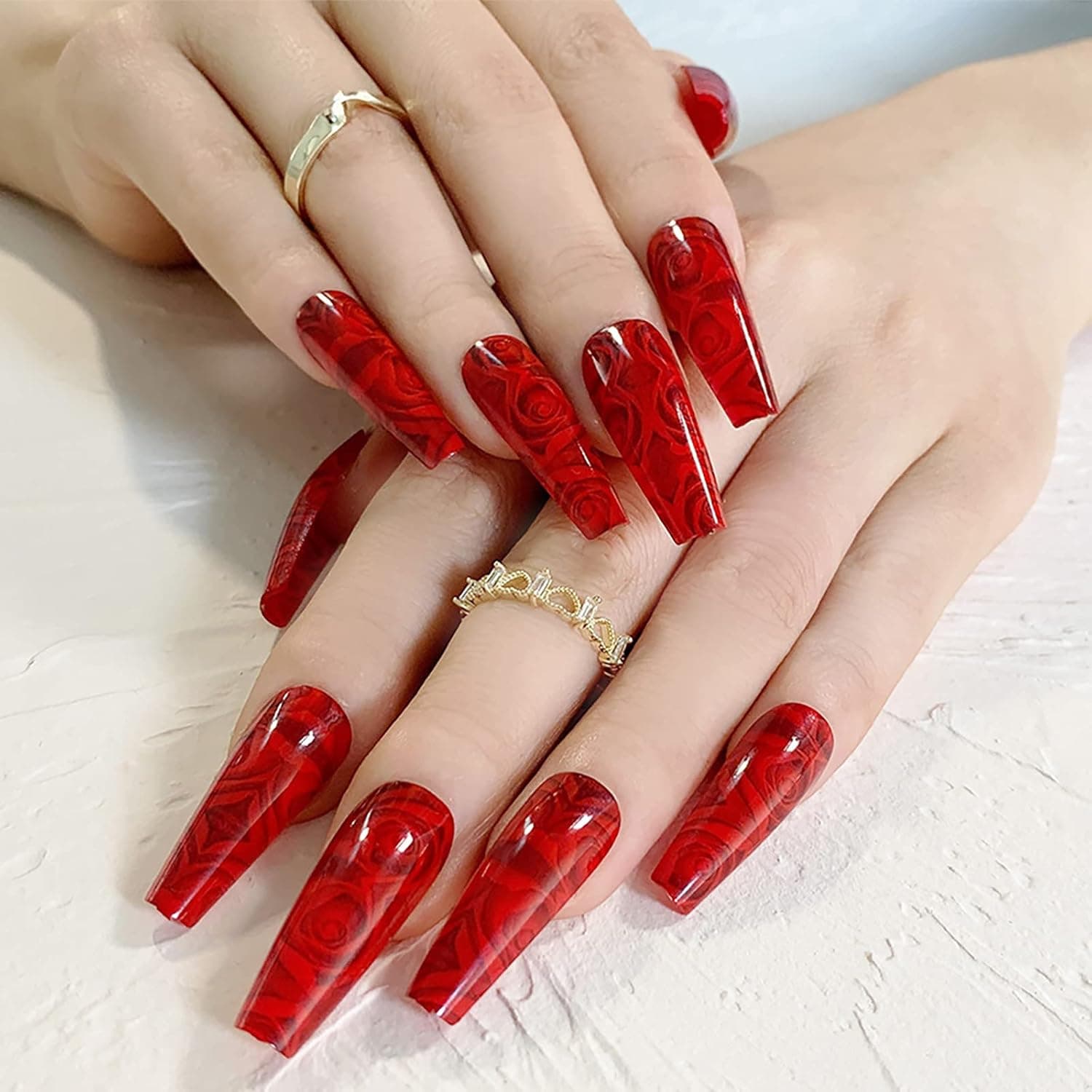 Hzacye 24 Pcs Press on Nails Long, 3D Rhinestones Coffin Fake Nails, Glossy Glue on Nails, False Nails with Glue for Women (Red Rose)