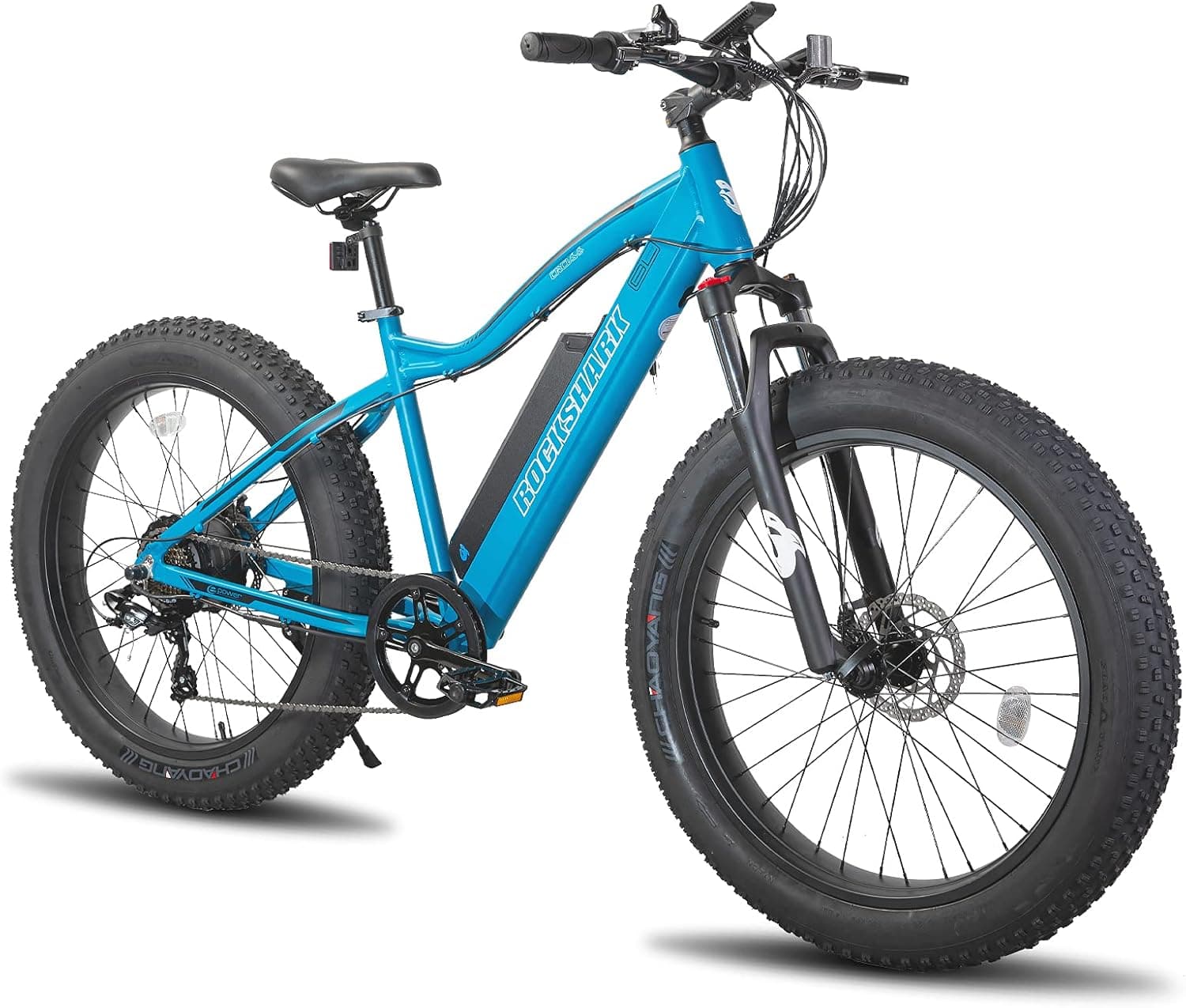 ROCKSHARK 26” Fat Tire Aluminum Mountain Electric Bike with 500W Motor&48V 11.6Ah Battery, Shimano 7-Speed Black/Blue