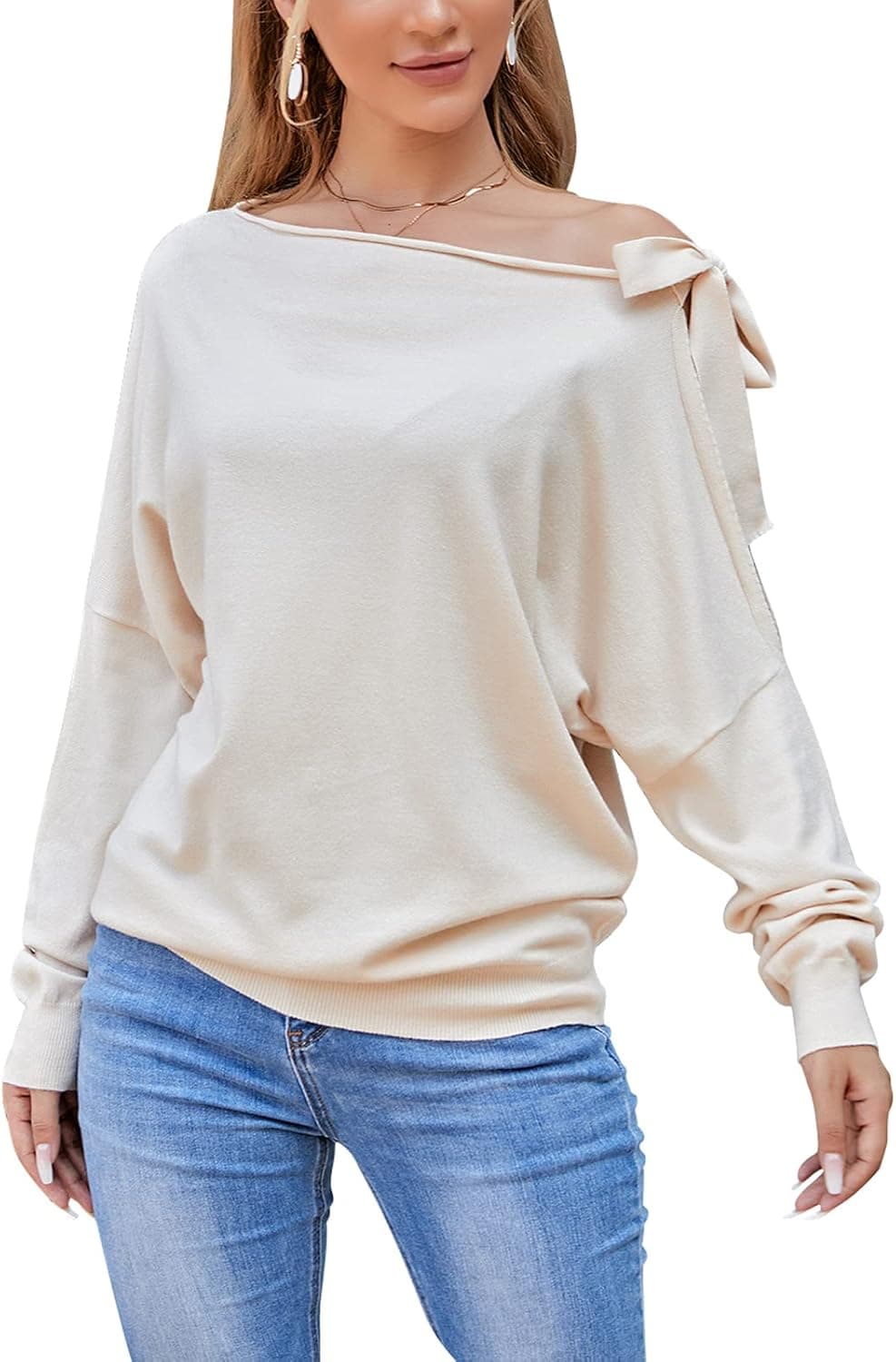 EXLURA Women's Boat Neck Sweater Off Shoulder Batwing Long Sleeve Tie Knot Asymmetrical Blouse Elegant Pullover Tops