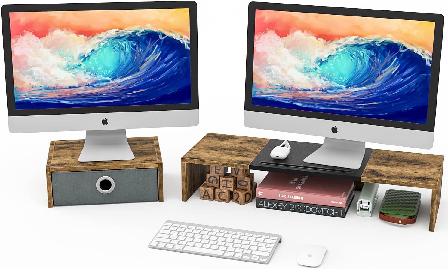 WESTREE Dual Monitor Stand with Drawer for Desk, 25 Inch Riser with Storage for Computer Monitor Laptop Printer, Desktop Organizer Shelf with Drawer