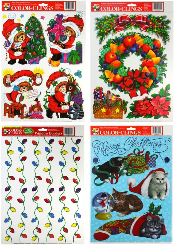 Paper Magic Static Cling Window Christmas Decorations (Cats, Wreath, Bears, & Lights)