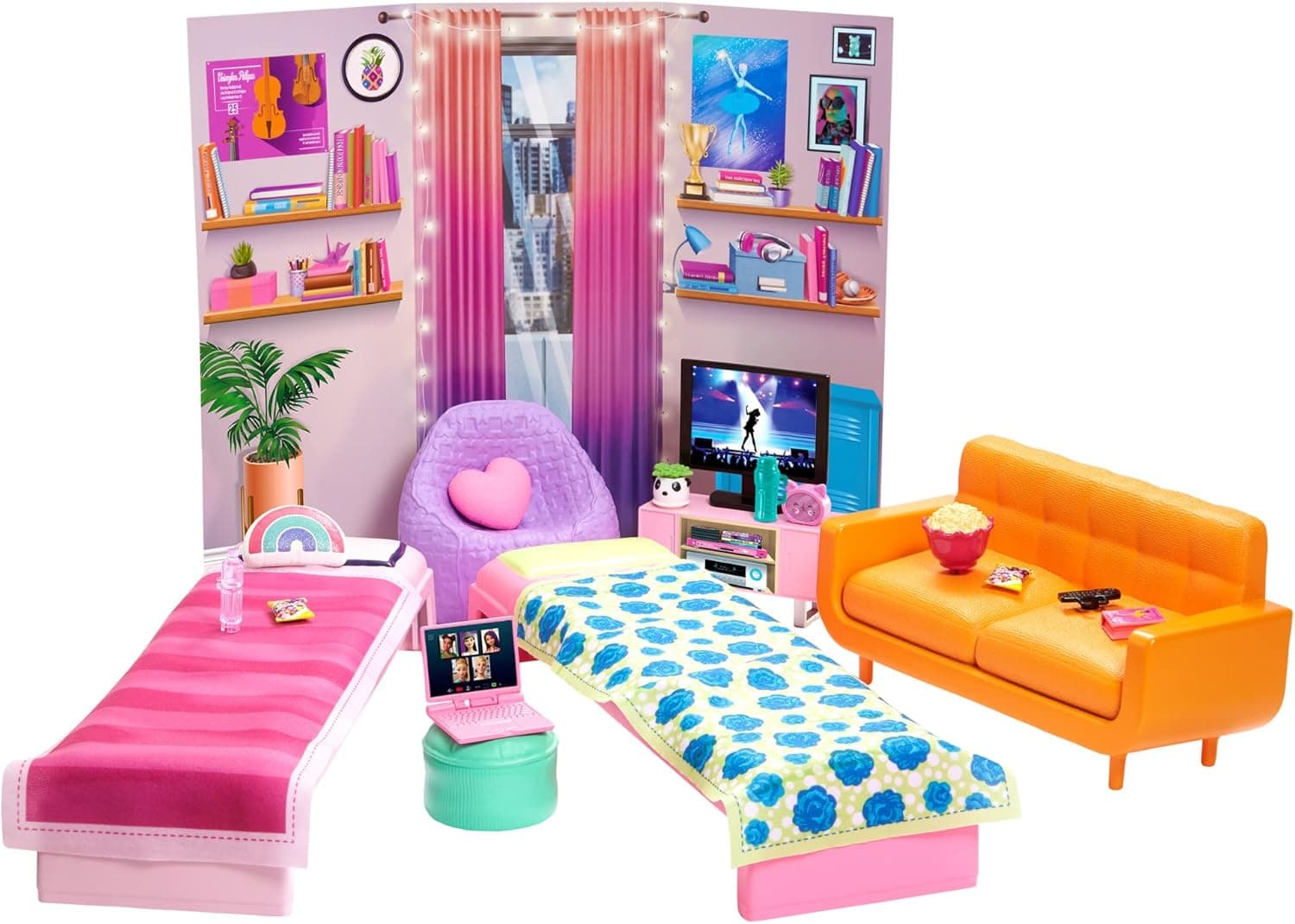 Barbie Big City, Big Dreams Playset, Dorm Room Furniture & Accessories, Includes 2 Beds, Couch, Bean Bag Chair & More
