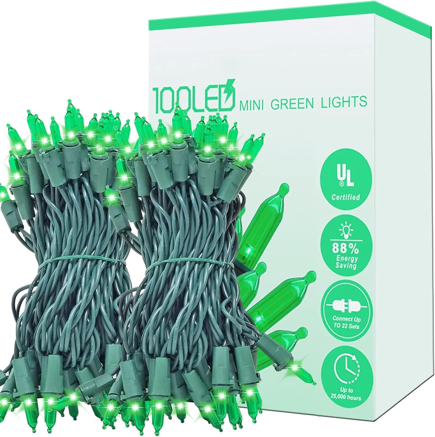 Green Christmas Lights, UL Certified 100 LED Mini Tree Lights, 33ft Xmas Lights, 120V Indoor & Outdoor String Lights, Waterproof Wire Lights for Christmas Tree, Patio, Garden, Home Decoration
