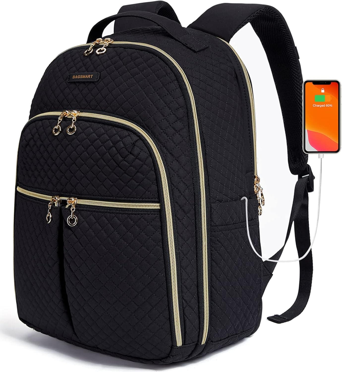 BASMART Travel Laptop Backpack, 15.6 Inch Womens Travel Backpack With USB Charging Hole, Water Resistant Anti Theft College Backpacks, Large Black Computer Backpacks for Work, Black
