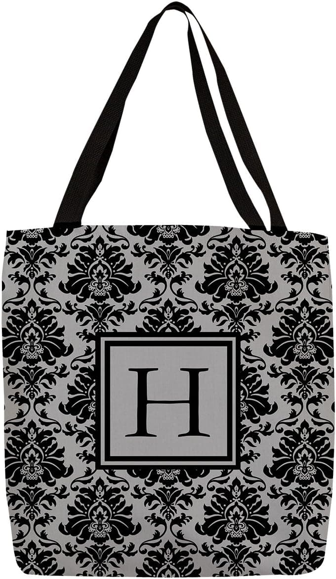 Manual Woodworkers & Weavers Shopping Tote Bag, 13-Inch, Monogrammed Letter H, Black and Grey Damask