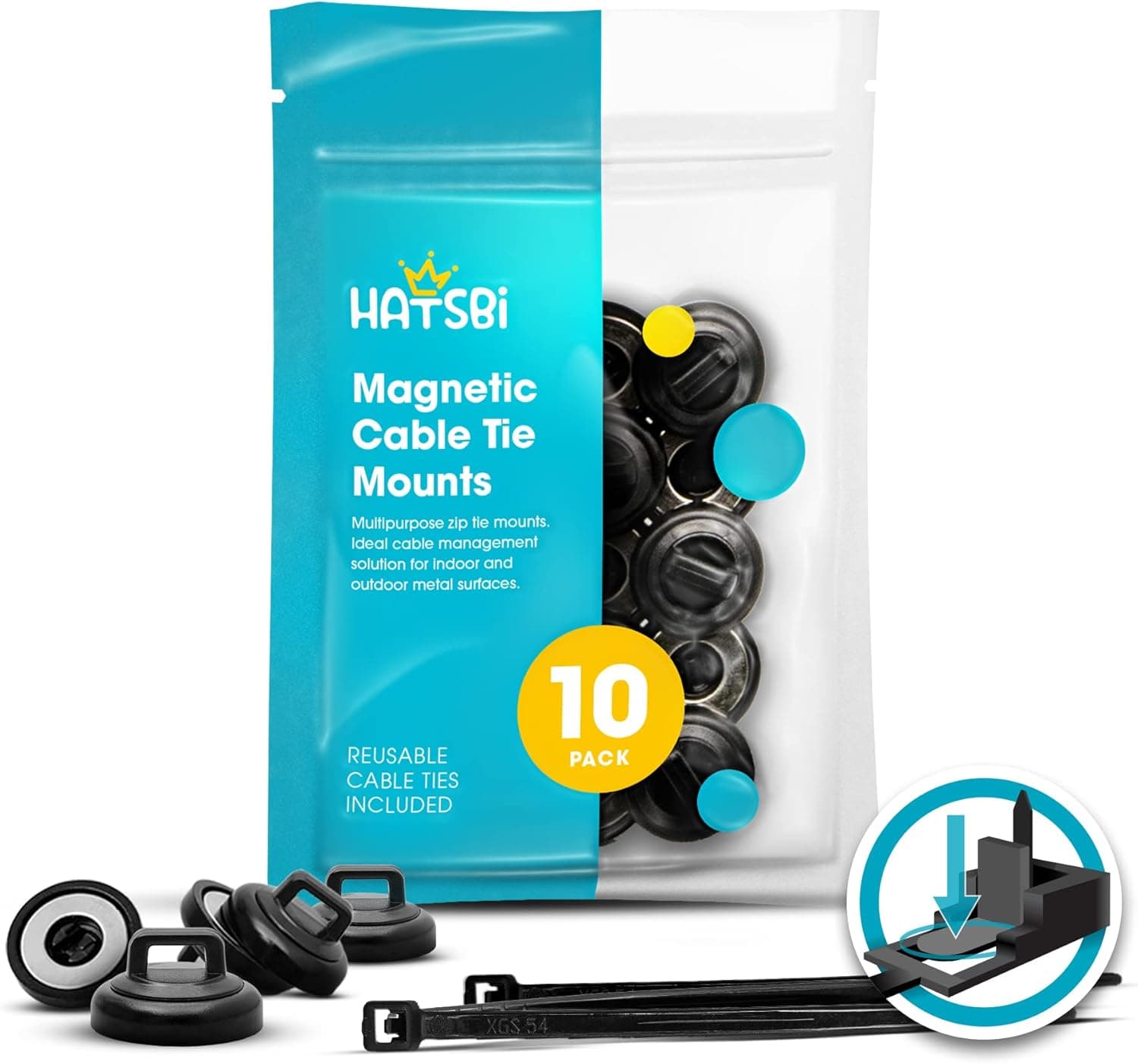 HATSBI Multipurpose Magnetic Cable Zip Tie Mounts Neodymium Magnets Black 10 Pack 10 Black Reusable Cable Zip Ties Included Magnet Cable Holder Base for Cable Management Holds Standard Zip Cable Ties