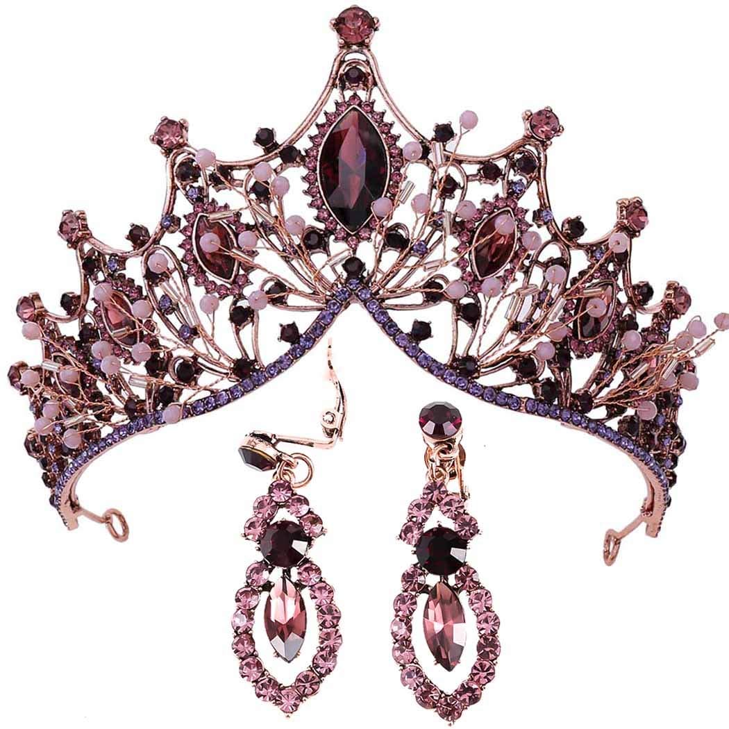 Aetorgc Baroque Queen Tiaras and Crowns Black Wedding Headpieces Beaded Crystal Pagreant Bridal Headbands Jewelry Set for Women and Girls (Purple)