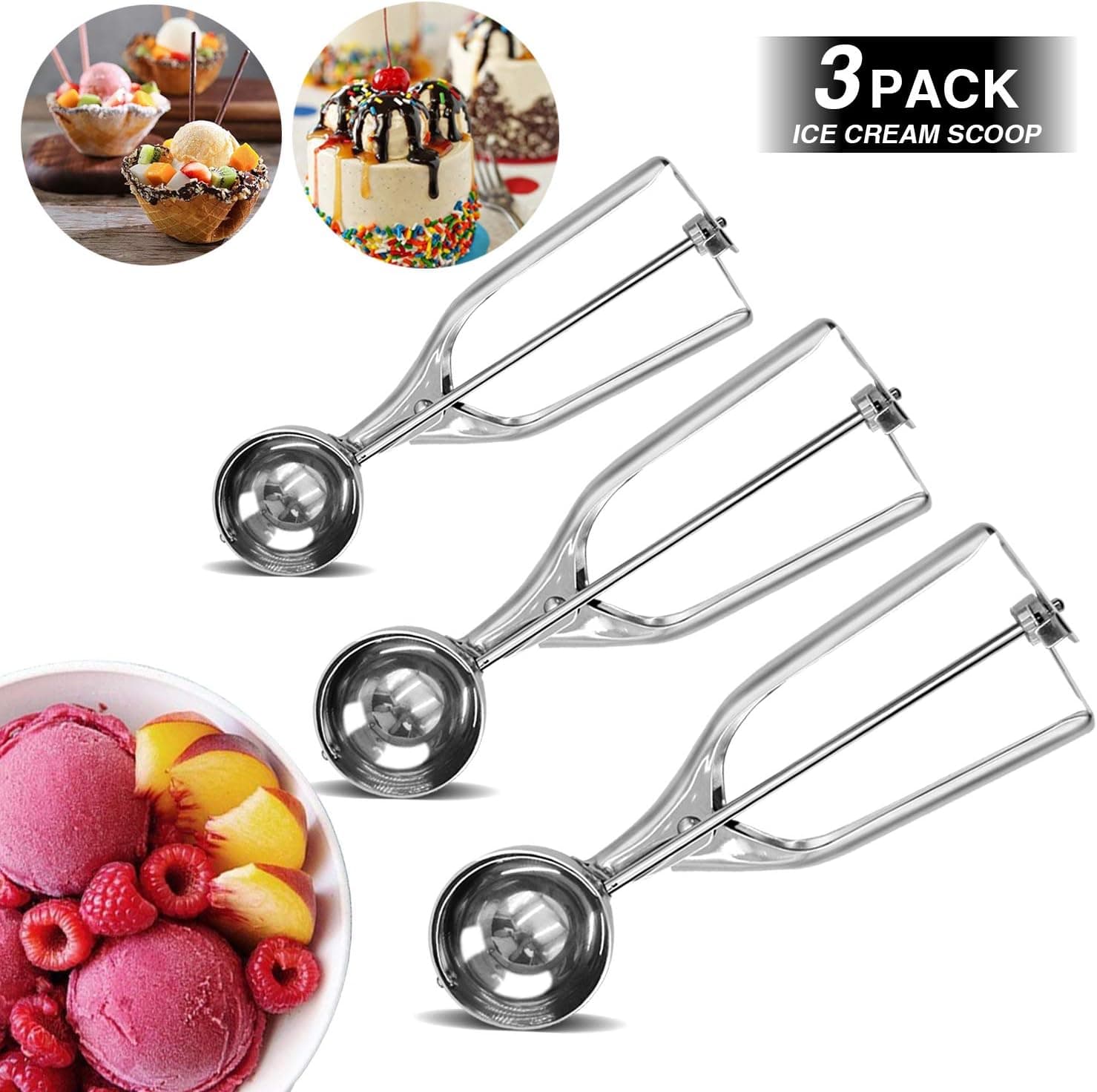 TIANHOO Cookie Scoop Set Stainless Steel Ice Cream Scoop Set Cookie Scoop Set Trigger for Cookie Dough Cake Make 3 Size Upgrade (3 PCS)
