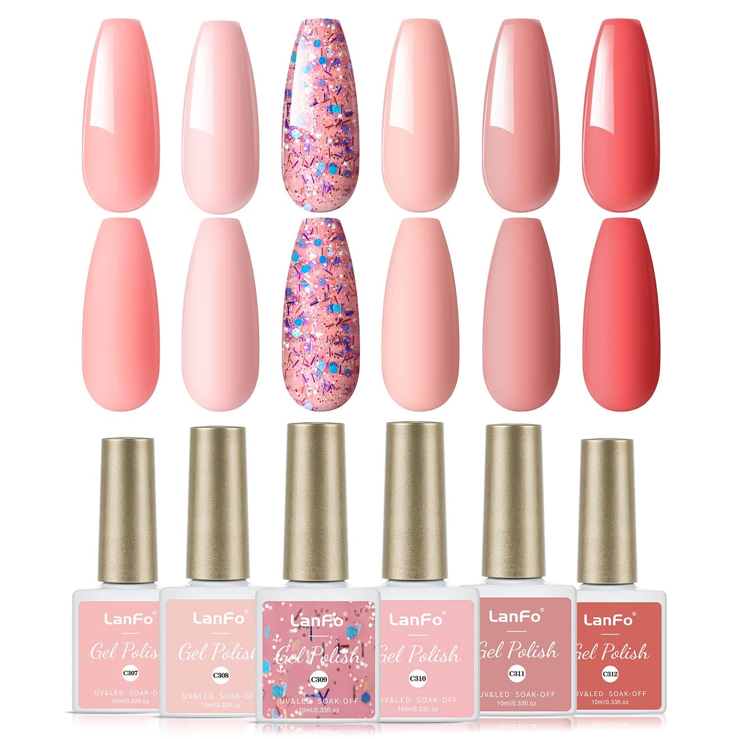 LanFo Coral Pink Gel Nail Polish Set, 6 Colors Gel Polish Set Glitter Nail Polish Purple Gel Nail Polish Spring Summer Collection UV LED Soak Off DIY Nail Art Manicure at Home