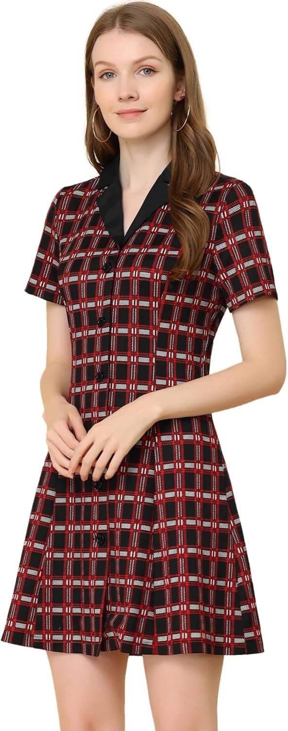 Allegra K Women's Workwear Formal Shirtdress Button Front Tartan Plaid Dress