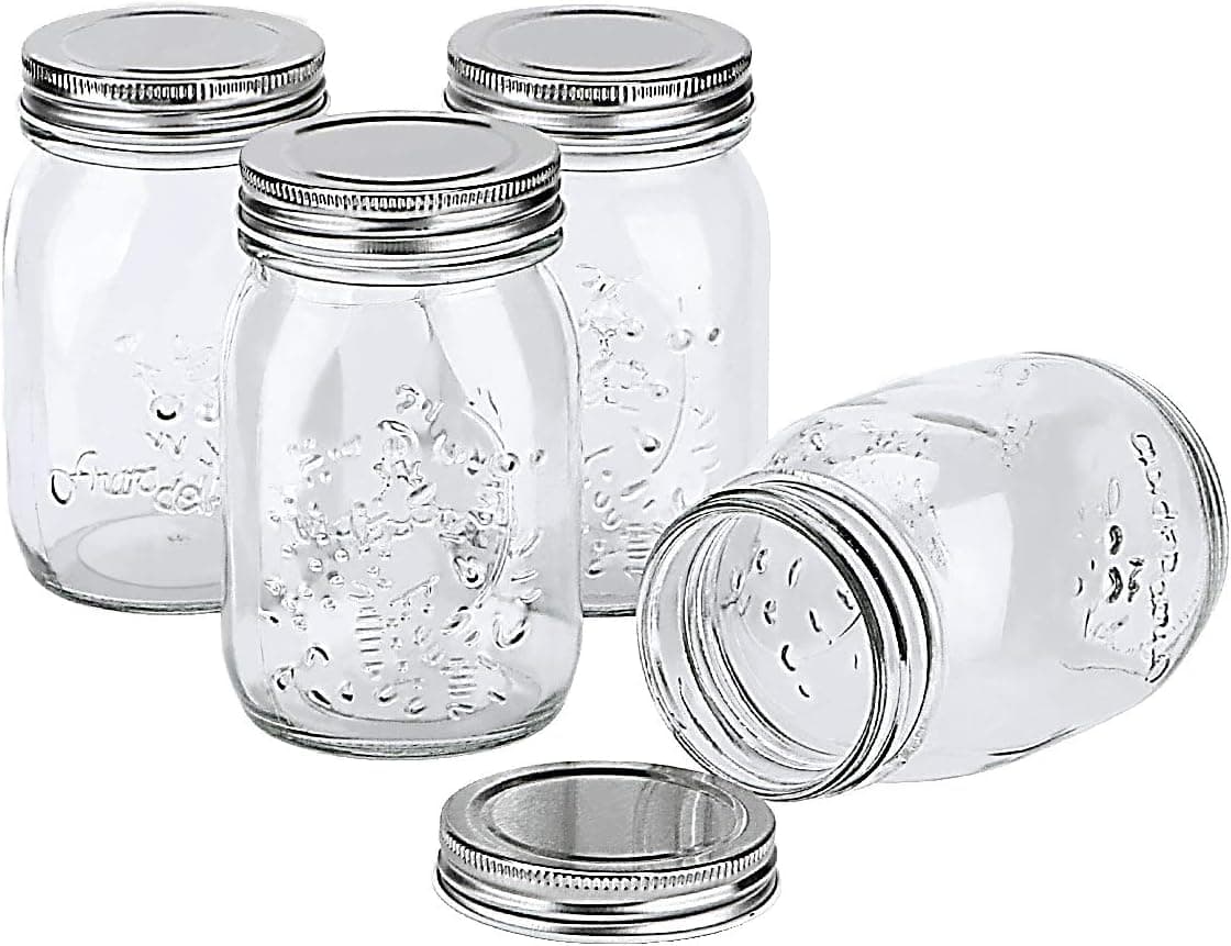 Useekoo 4 Pack 16oz Glass Mason Jars, Regular Mouth Canning Jars with Silvery Lids for Canning, Freezing, DIY for Honey, Jam, Drinking, Salsa, Dried Beans, etc