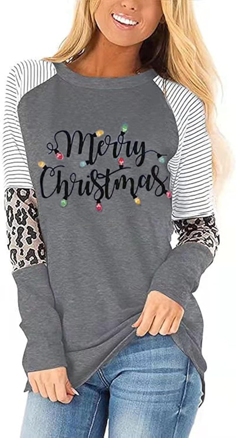 Women's Christmas Holiday T Shirts Leopard Stripe Splicing Sleeve Shirt Xmas Funny Graphic Raglan Baseball Tops