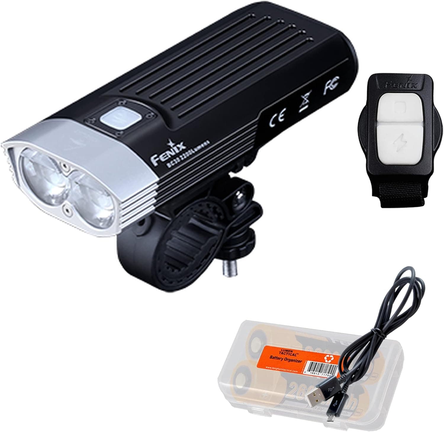 Fenix BC30 v2.0 Bicycle Light, 2200 Lumen Dual Beam with Wireless Remote and Rechargeable Batteries, Dual Slot Charger, and LumenTac Organizer
