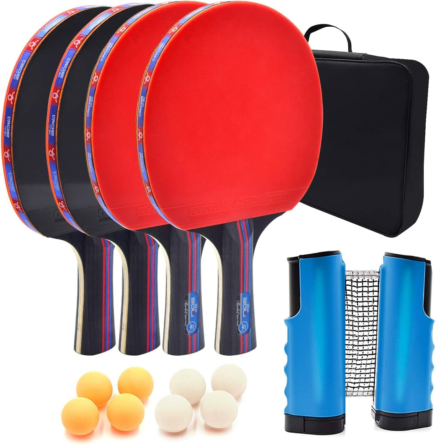 Lejorain Ping Pong Racket Suit - Mixed Doubles Packaging of 4 Table Tennis Paddle with 8 Ball and Portable Retractable Net/Storage Bag - Prefect for Recreational Games
