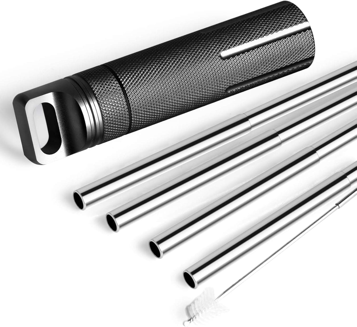 Reusable Collapsible-Straws, Telescopic Stainless Steel Metal Straw Portable Drinking Straw with Military Grade Air-Tight Accessory Case for Camping, Hiking & Outdoors(1 Black Dry Box+4 Metal Straws)