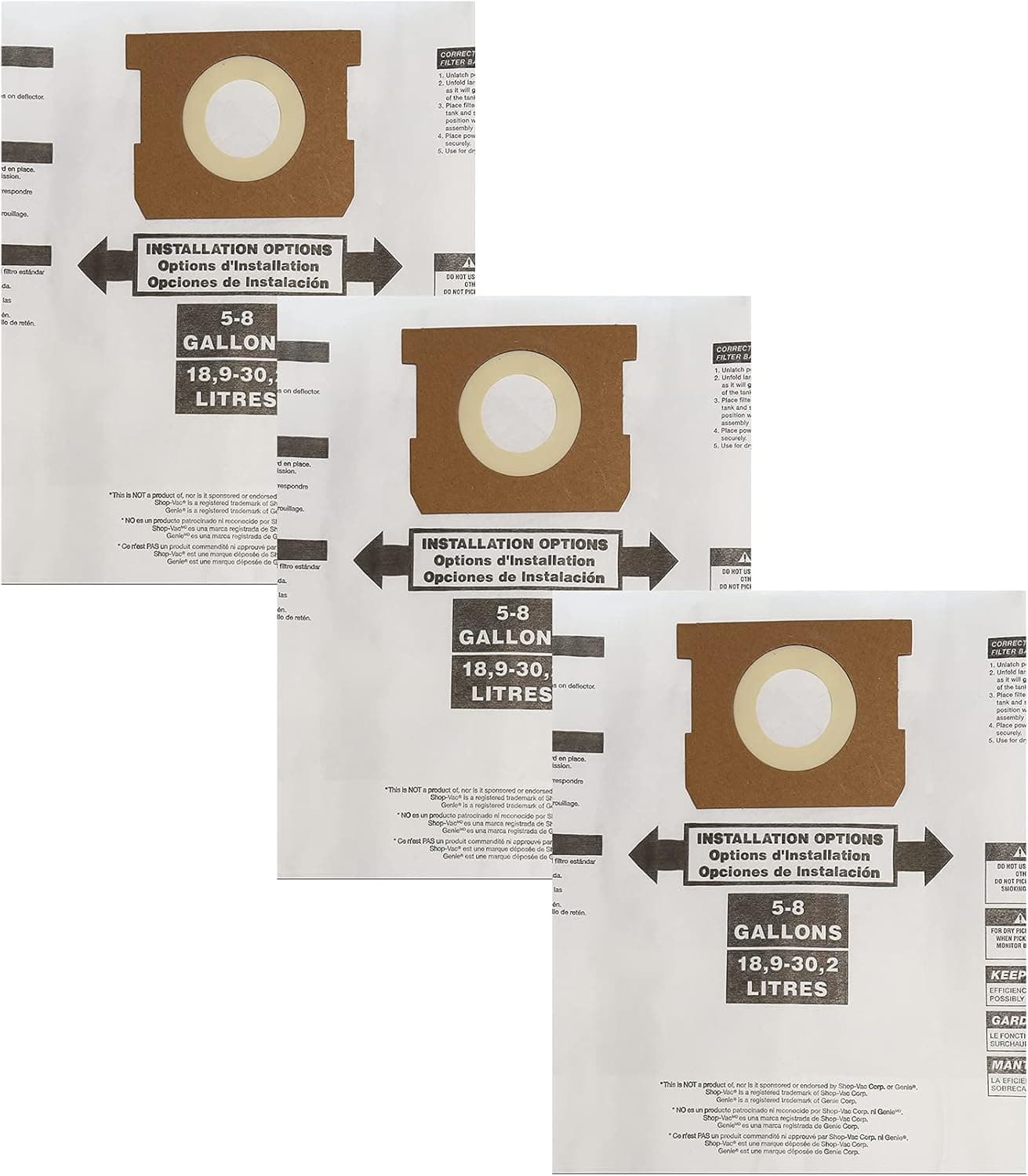 3 Pack General Wet Dry Vac Dust Bags Replacement for Shop Vac 5-8 Gallon Filter Bags Type E Part 90661, 9066100 906-61