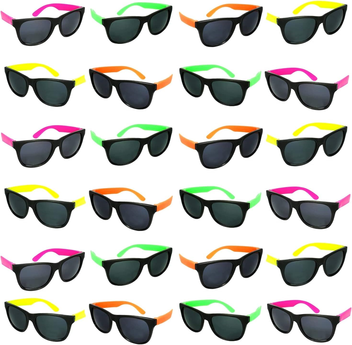 Neon Sunglasses 24 Assorted Colors Eyewear Sun Shades Sunglasses Vintage Holiday Party Costume Dress Up Accessory Kids Cool Multicolored Glasses