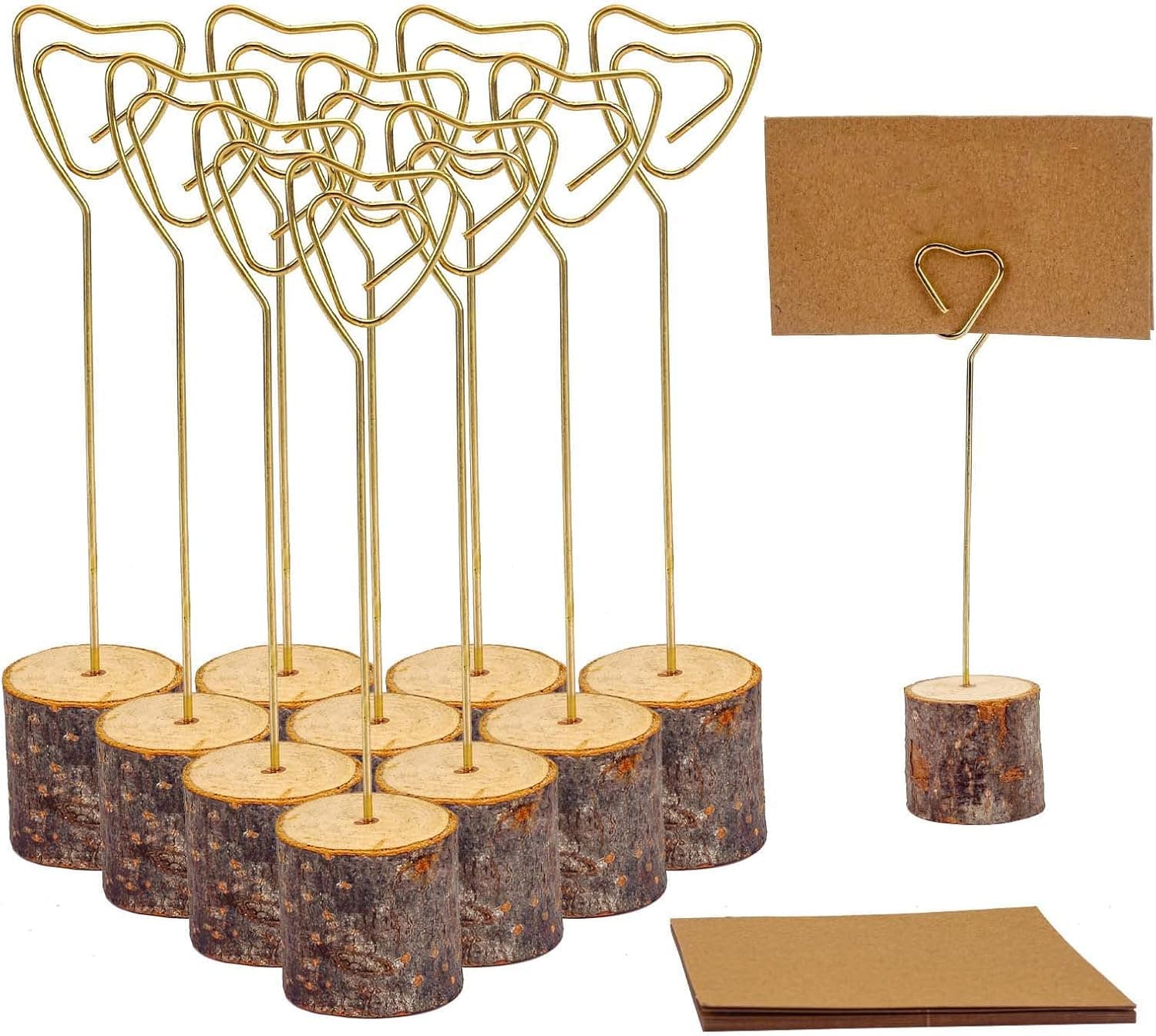 10 Pcs Rustic Wood Place Card Holders and 10 Pcs Kraft Place Cards, Wooden Table Number Holder Stand Photo Picture Note Clip Holders for Wedding Party Name Sign(Gold Heart Wire)