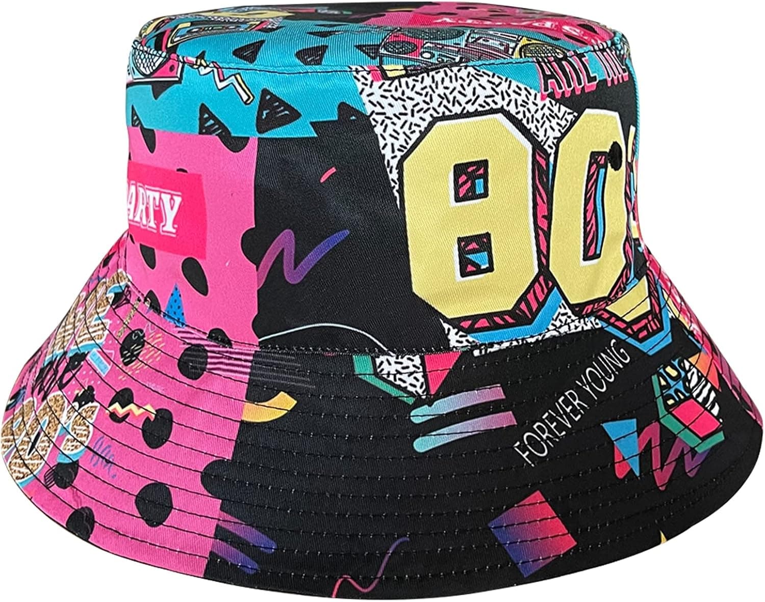 80s/90s Bucket Hat for Men Women, Packable Reversible Printed Sun Hat for Womens Men, 100% Polyester Material, UV Protection