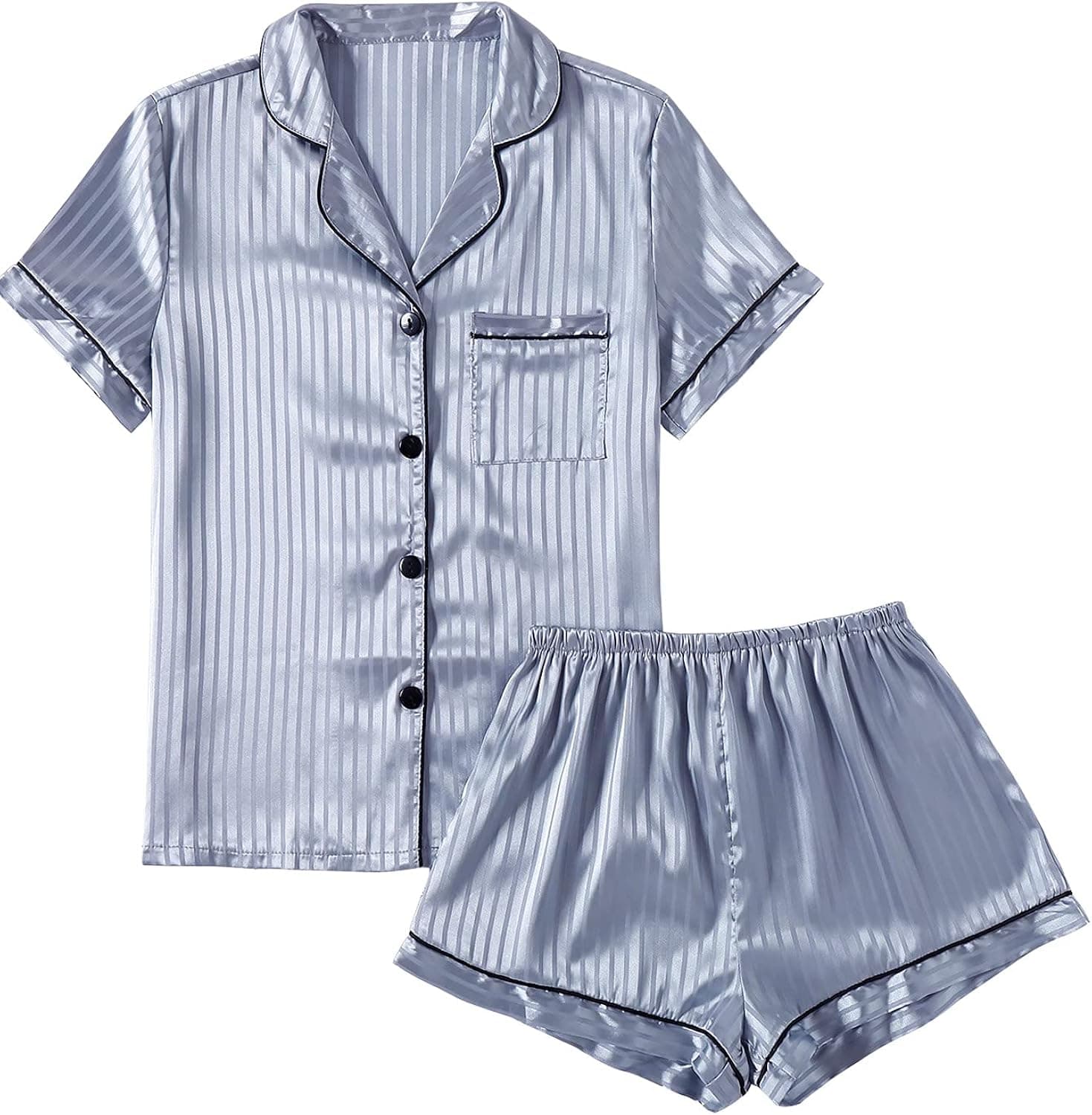 LYANER Women's Striped Silky Satin Pajamas Short Sleeve Top with Shorts Sleepwear PJ Set