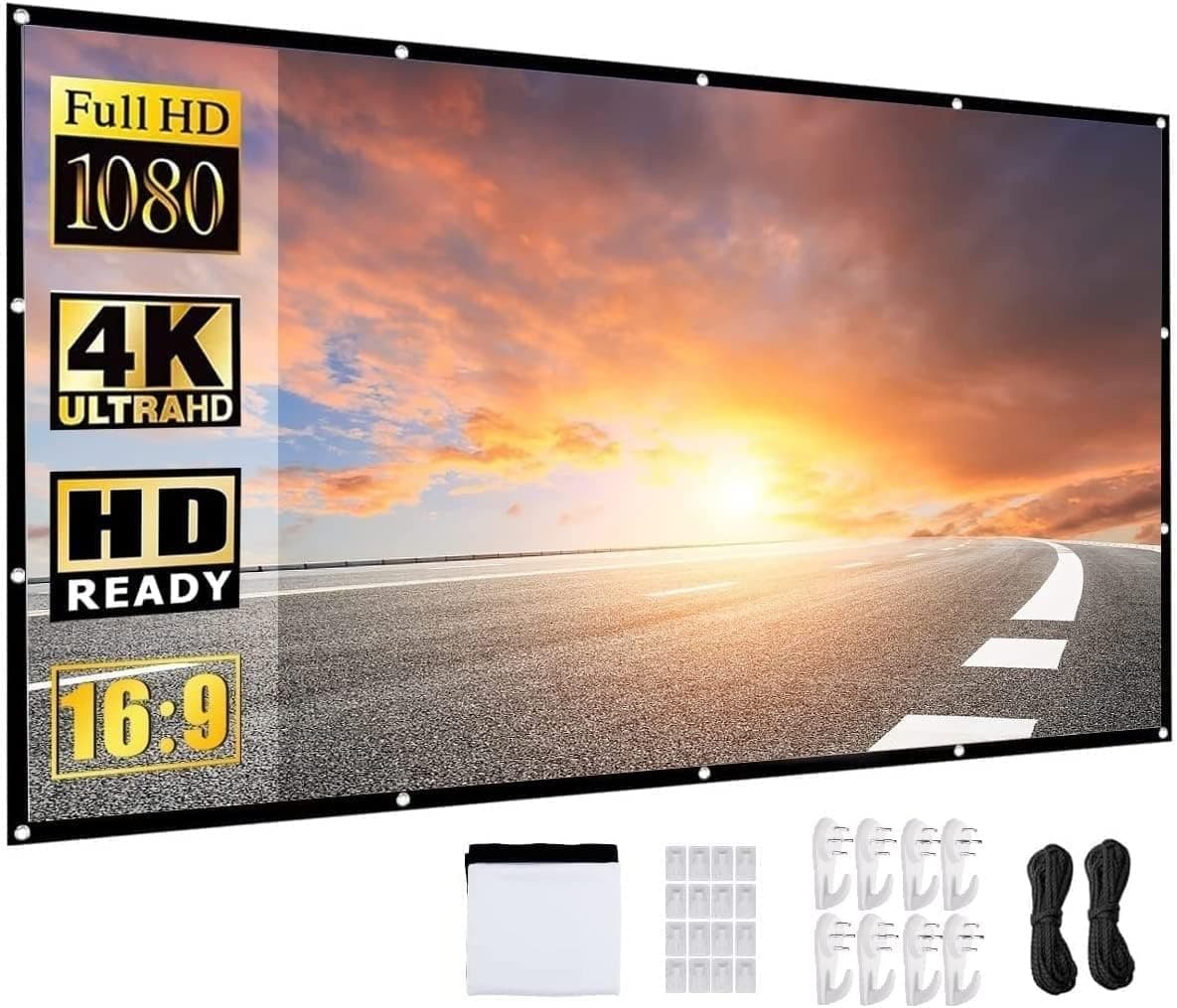NMEPLAD Projector Screen 150INCH,Portable Movie Screen for Outdoor Indoor,4K 16:9 HD Foldable Wrinkle-Free Screen,1.1 GAIN,160°Viewing,Support Front Rear Projection with 16 sticky hooks & 8 nail hooks
