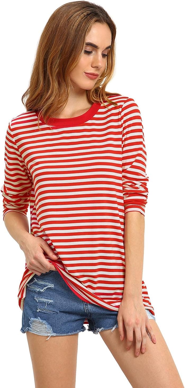Romwe Women's Stripe Long Sleeve Casual Loose Top T-Shirt