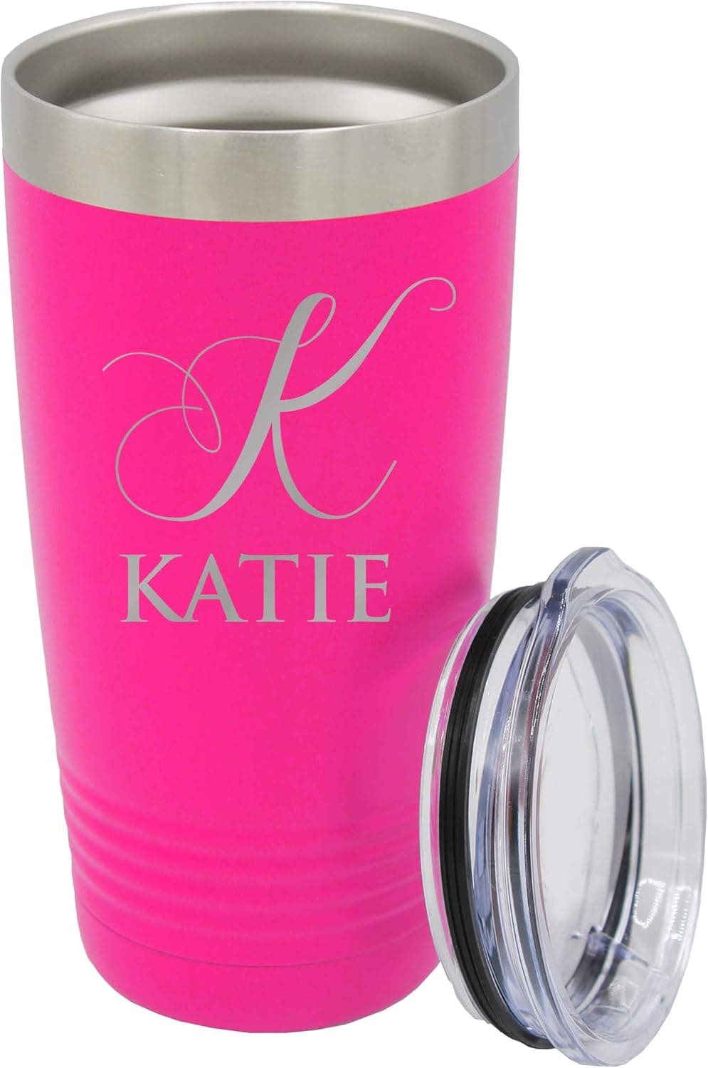Custom Personalized Insulated Double-Wall Stainless Steel Travel To Go Tumbler Cups - Monogrammed and Engraved (20 oz, Hot Pink)