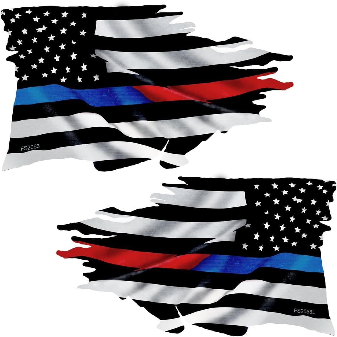 Thin Blue/RED Line Tattered Flag Mirror 2 Pack Stickers - #FS2056LR