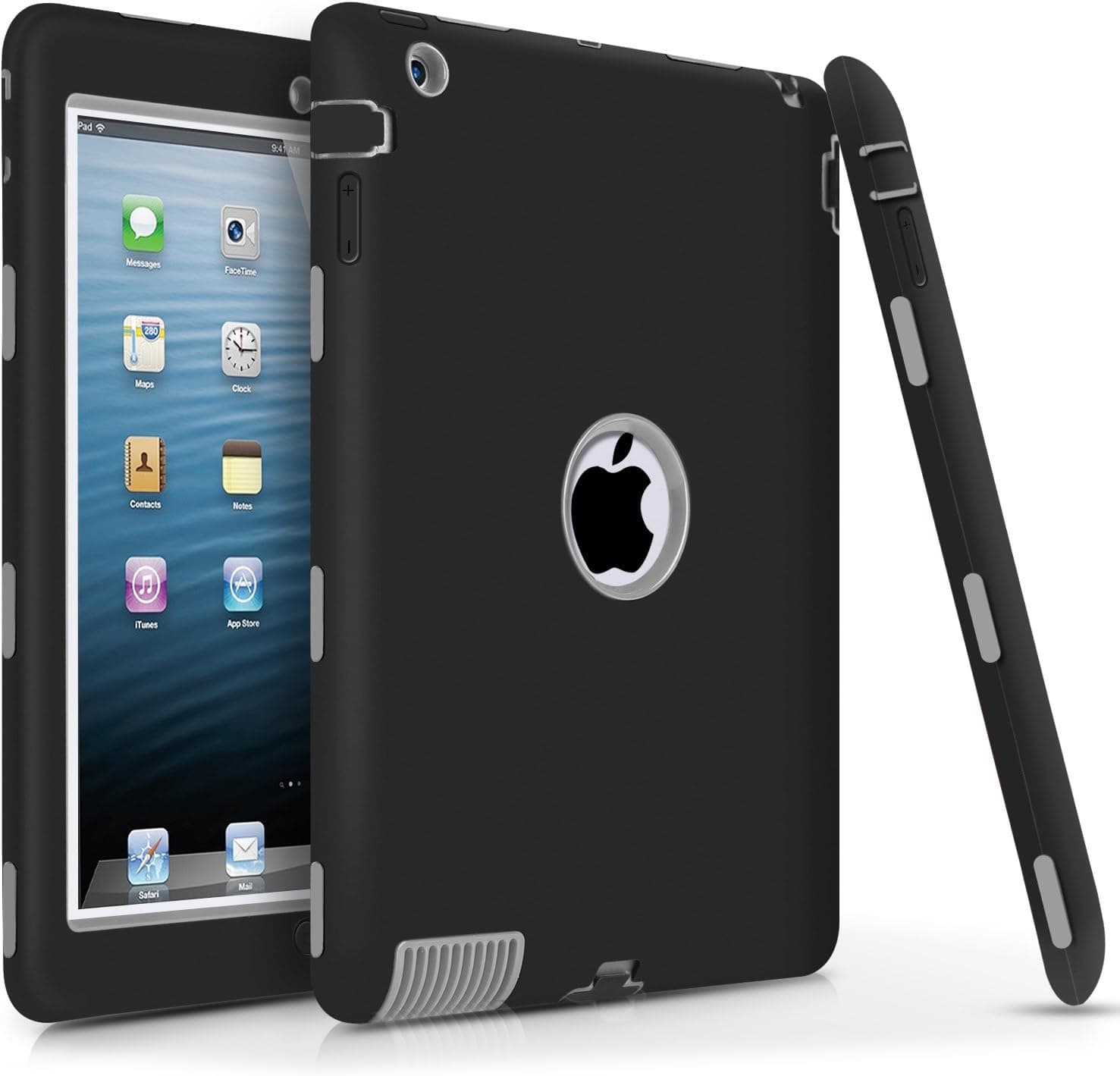 iPad 4 Case,iPad 3 Case,iPad 2 Case, DUEDUE Heavy Duty Rugged Shock-Absorption Amer Cover 3 in 1 Hybrid Soft Rubber Hard PC Full Body Protective Cases for iPad 4 / iPad 3 / iPad 2, Black/Gray