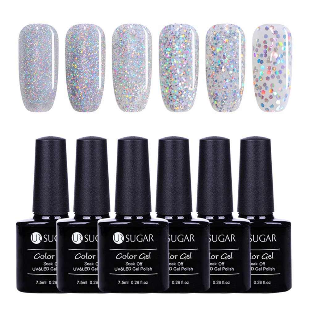 UR SUGAR 7.5ml shining Gel Nail Polish Soak Off UV LED Top Coat Silver Series Transparent Sequins Sparkle polish Nail Art Varnish Manicure 6 Bottles Set Kit Collection