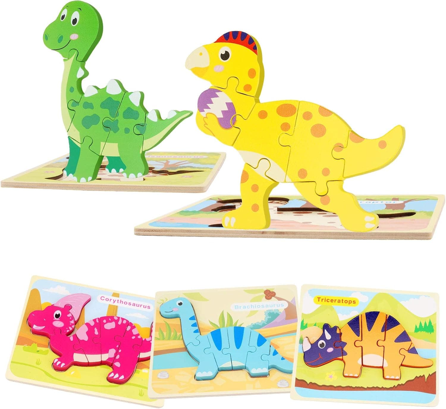 UNIWA Wooden Toddler Puzzles, 5 Pack Dinosaur Wooden Puzzles for Kids 1 2 3 4 Years Old, Educational Toys Gift for Boys and Girls Preschool Learning Toys, Bright Vibrant Color Shapes