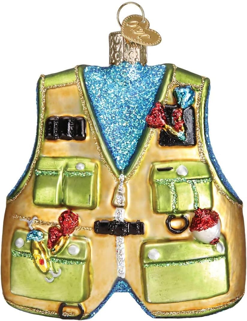 Personalized Fishing Vest Glass Blown Christmas Ornament for Tree by Old World Christmas
