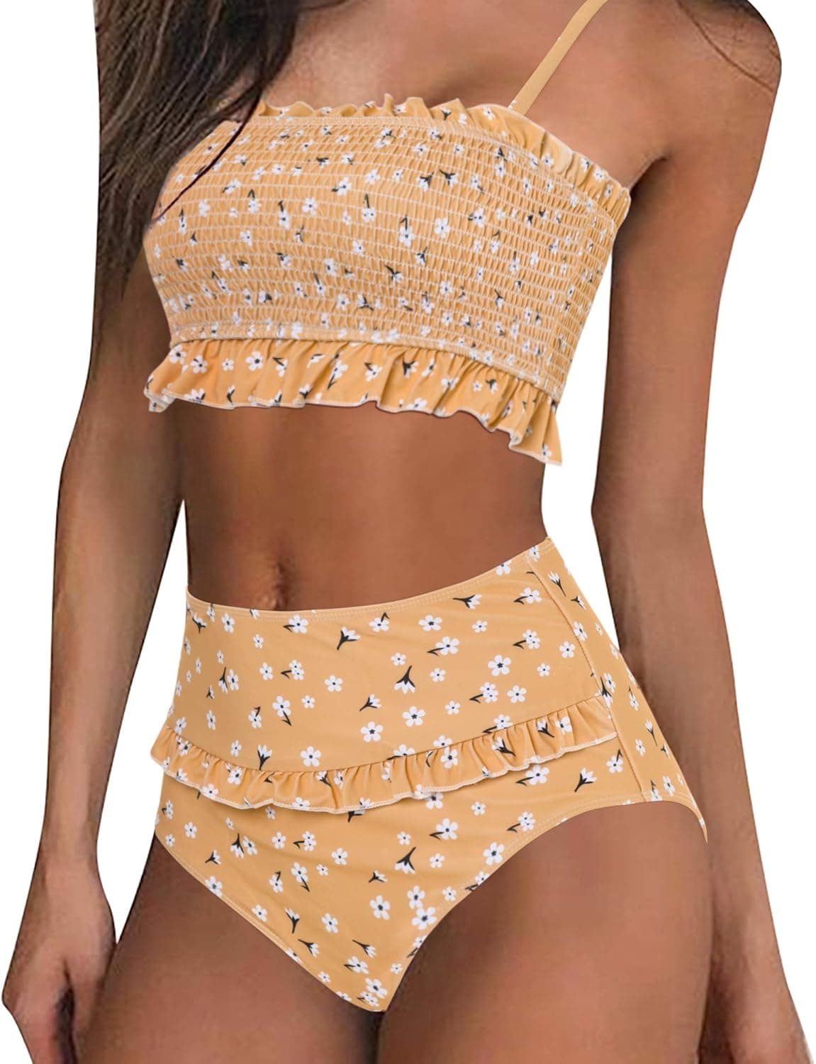 MOOSLOVER Women's Shirred Bandeau Bikini Top High Waisted Bottom 2 Piece Swimsuits Bikini Set