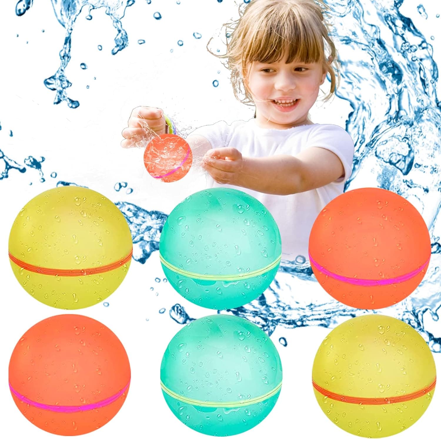 JAWEAVER Reusable Water Balloons Self Sealing Quick Fill, Reusable Water Bomb Splash Balls for Kids Adults Pool Water Fight Game (6pcs)