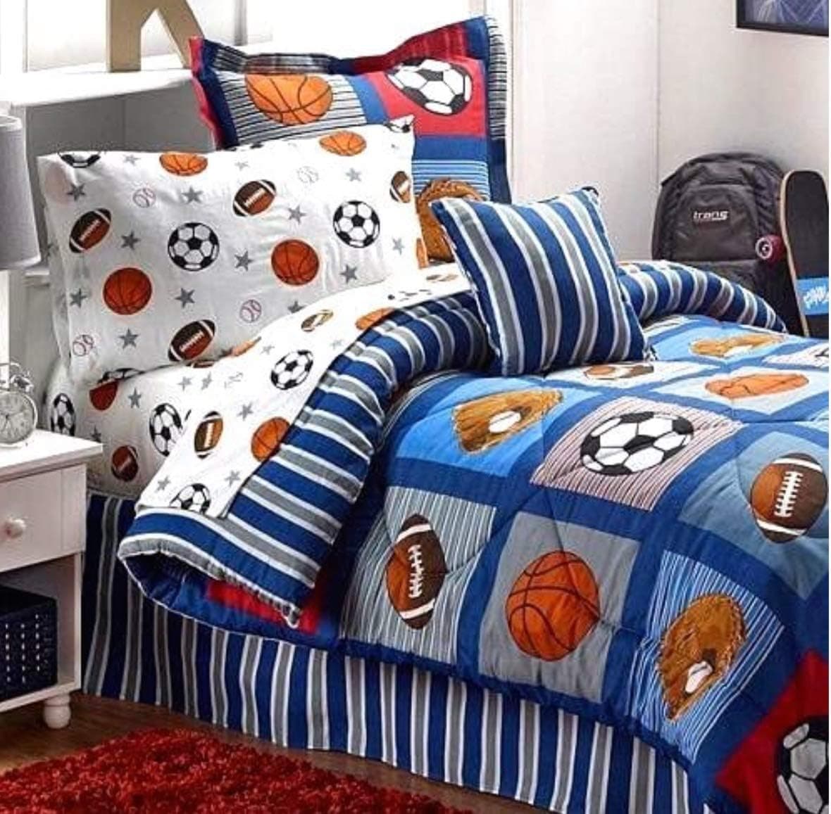 Boys Sports Patch Football Basketball Soccer Balls Baseball Blue Comforter Set (Twin Size 6pc Bed in A Bag)