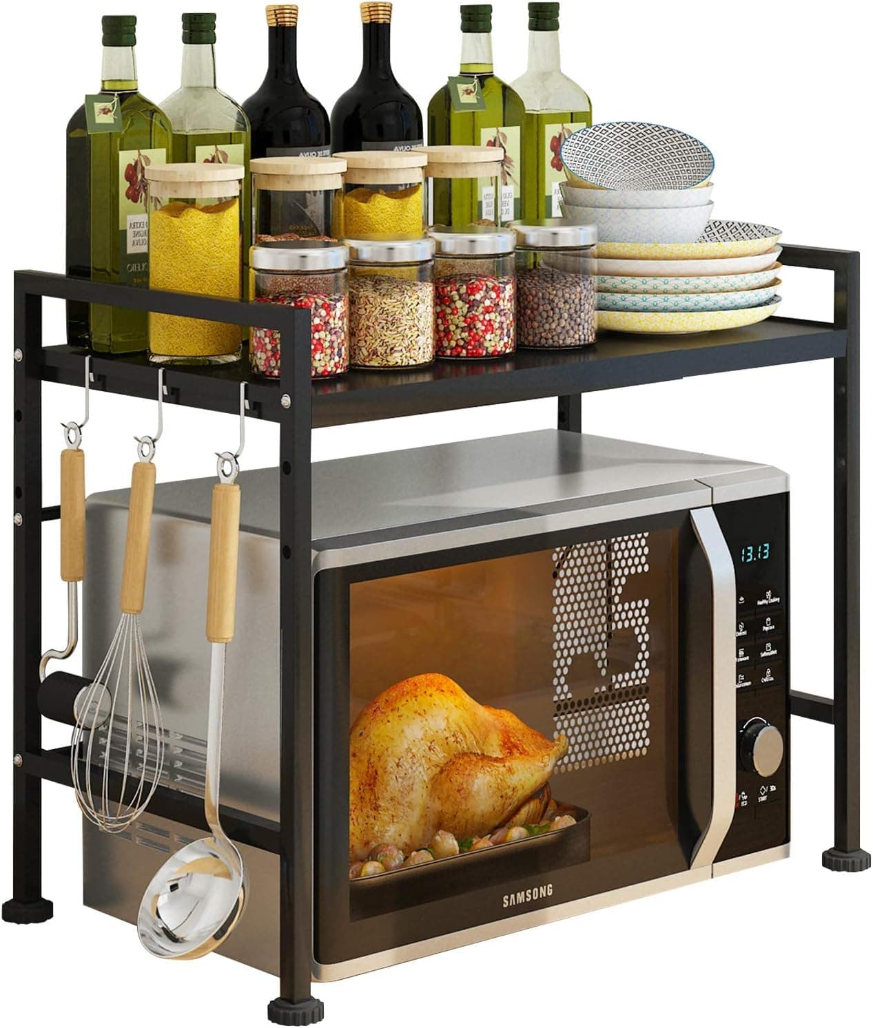 Expandable Microwave Oven Rack, AONUOJA 2-Tier Horizontal Extension Painted Carbon Steel Microwave Shelf, Kitchen Countertop Shelf with 3 Hooks, Counter Shelf Stand (Black)